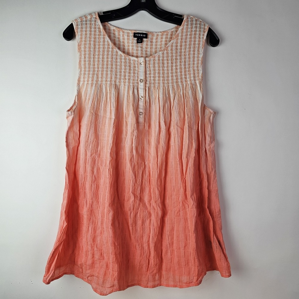 Torrid‎ Womens 1X Tank Top Orange Crinkle Ombre Smocked Sleeveless Summer Top